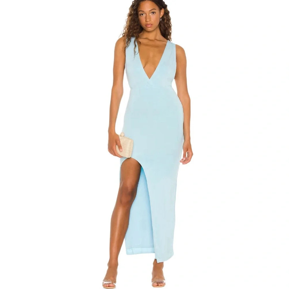Superdown Women Maxi Dress S Light Blue High Slit Sleeveless Open Back Cocktail